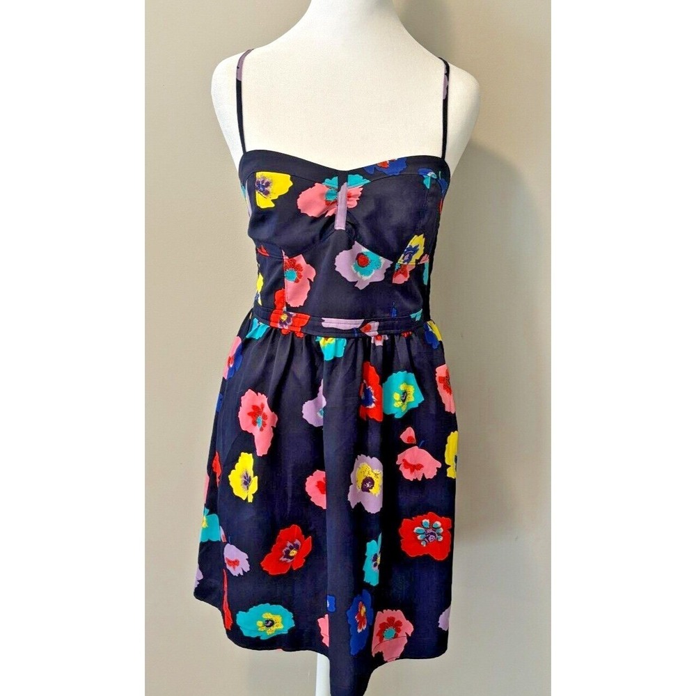 American Eagle Floral Sundress Navy Blue Sweetheart‎ Smocked Back Mini Dress 6